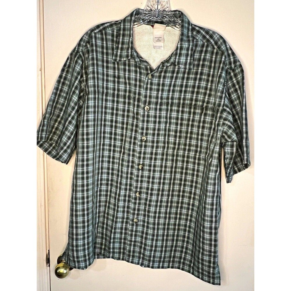The North Face Mens Plaid Green Short Sleeve Button Up Shirt Pockets Size L